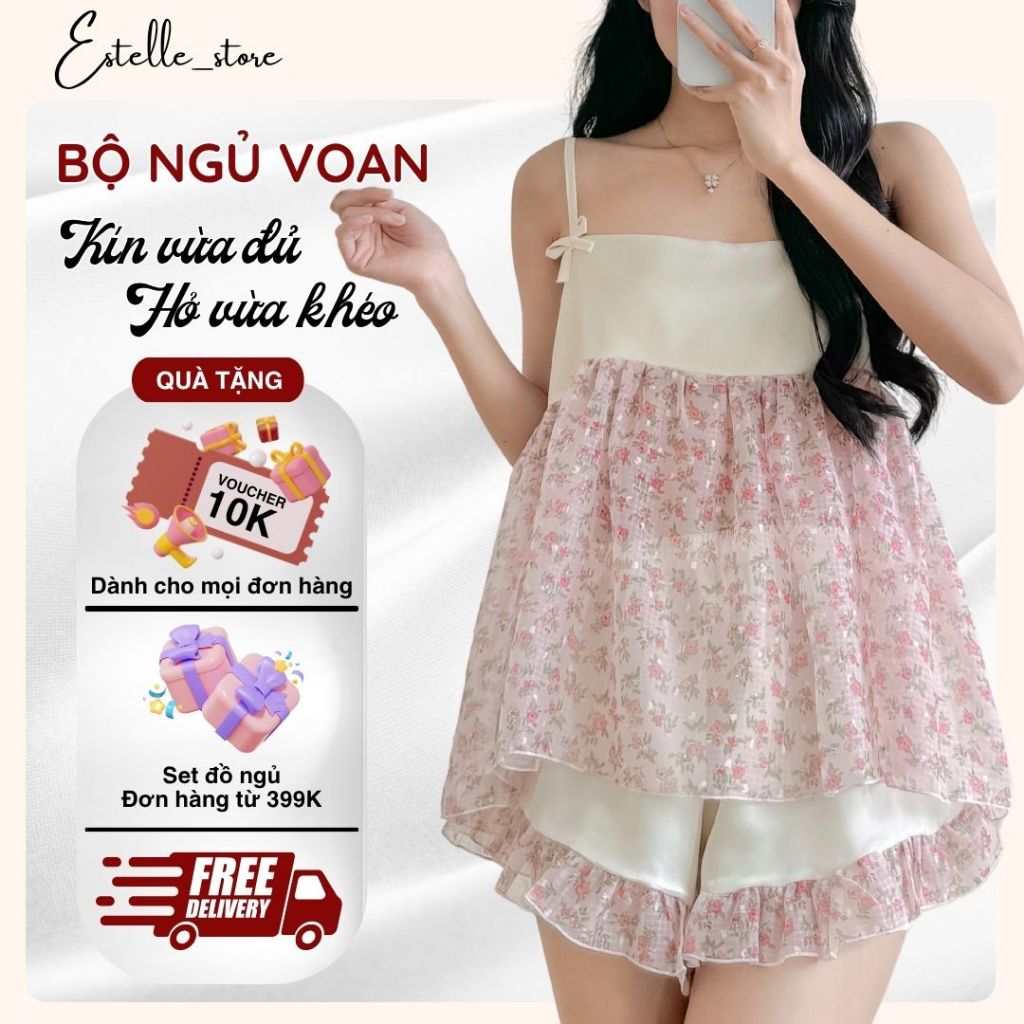 Set Đồ Bộ Ngủ Mặc Nhà Cổ Vuông Hai Dây Quần Cộc Kết Hợp Từ Lụa Latin & Voan Ô Bông Hoa Cực Slay ESTE
