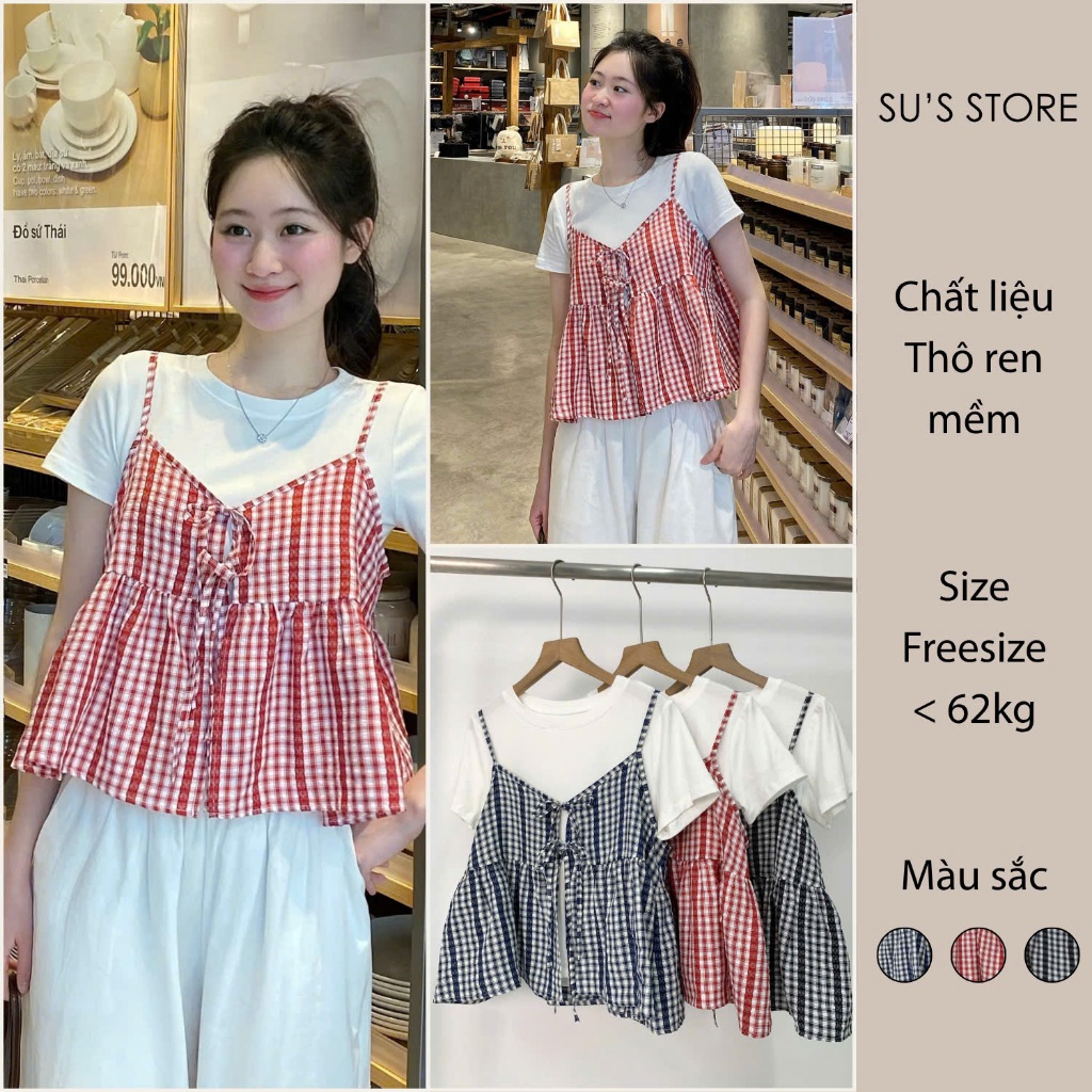 Set Yếm 2 Dây Kẻ Buộc Nơ Mix Áo Thun Trơn Su Chang S808 Thời Trang Nữ