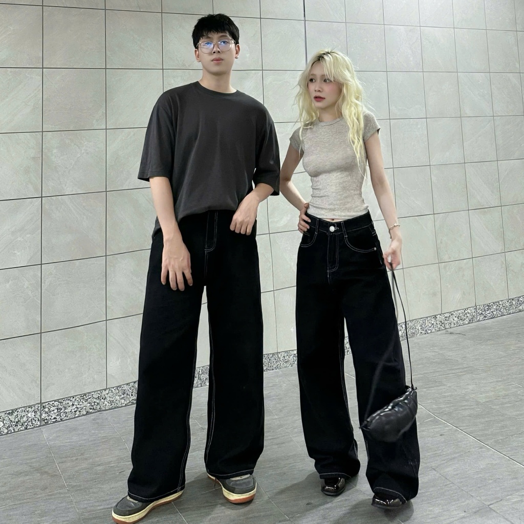 Quần Jeans Dài Trơn COTTTON NQ30 Ống Rộng Cạp Cao Tôn Dáng Nam Nữ Unisex (KHÔNG XÙ LÔNG) | BigBuy360 - bigbuy360.vn