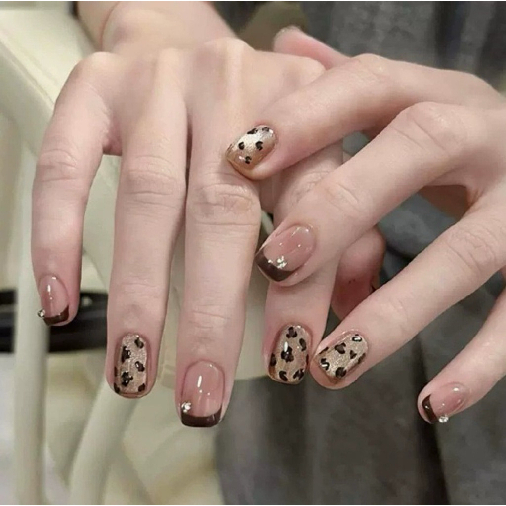 Nailbox thủ công dáng ngắn da beo nâu sang chảnh cá tính mã k54 form vuông ngắn