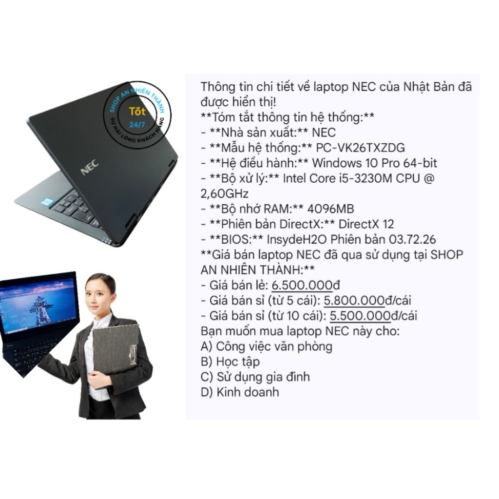 Laptop chính hãng NEC của nhật 64 bit, Ram4