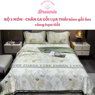 BỘ CHĂN GA GỐI LỤA THÁI kèm gối ôm mềm mịn thoáng mát, Chăn hè chần bông - Set 5 món