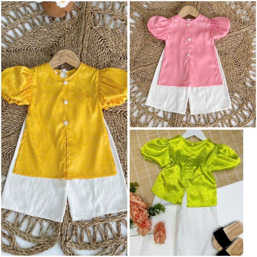 BỘ BÀ BA LỤA GẤM TAY PHỒNG CHO BÉ GÁI