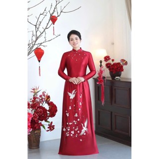 Áo dài trung niên, áo dài truyền thống đính kết chim, hoa cành đào trên lụa ruby valentino cao cấp