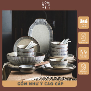  Bán lẻ bộ bát đĩa sứ sọc xanh phong cách Nhật Bản sứ dày dặn chịu nhiệt tốt dễ tẩy rửa decor bếp 