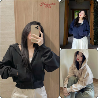 Áo khoác hoodie zip croptop nỉ nữ có 4 túi, mũ 2 lớp dày, áo khoác nữ dáng ngắn trend 2025