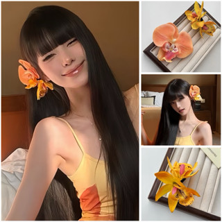 Kẹp tóc mùa hè hoa lan đơn mix lan kép màu vàng cam xinh xắn cho nữ đi biển siêu xinh hot 2025