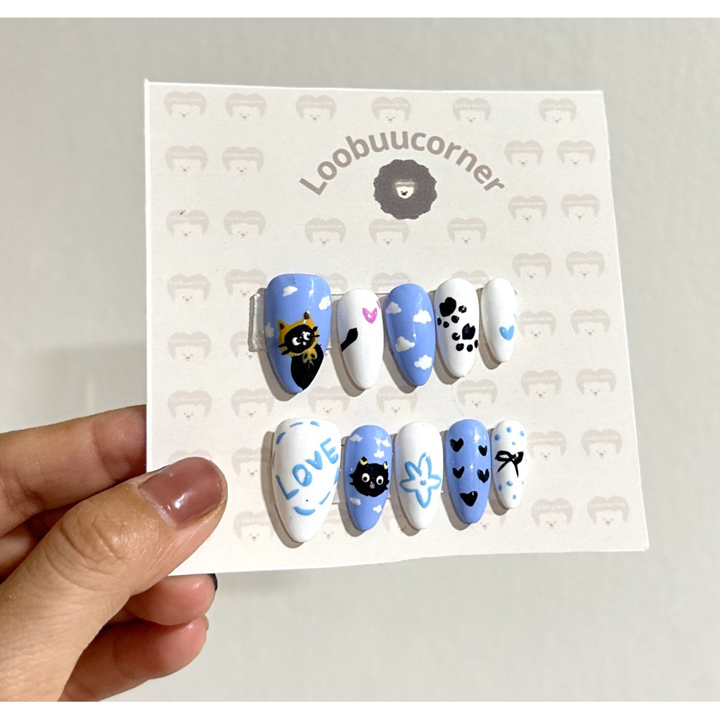 Nailbox Handmade Vẽ Tay Cute Mèo Đen Tone Xanh | Press On Nails Dễ Thương | Full Size