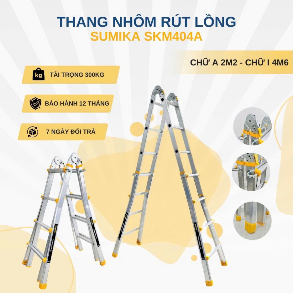 Thang nhôm chữ A rút lồng SUMIKA SKM404A, chữ A cao nhất 2.2m, chữ I cao nhất 4.6m, tải trọng 300kg