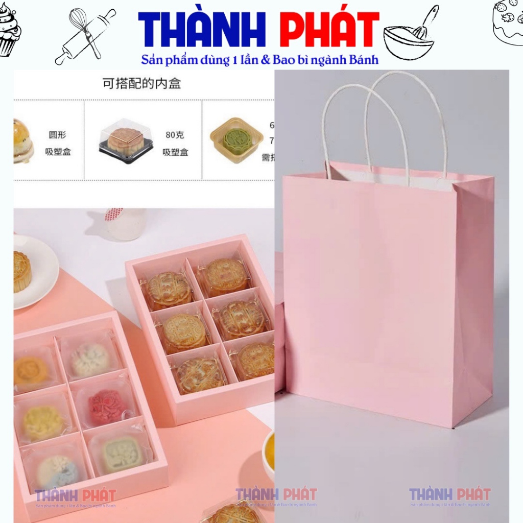 10 Hộp giấy đựng 6 bánh trung thu mini 75g-100g kèm túi xách | Hộp đựng bánh cao cấp – Màu hồng sang