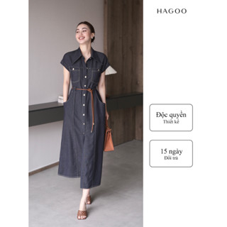 Váy sơ mi nữ dáng dài chất jean mềm thắt eo dây da (tặng kèm) HAGOO [V637]
