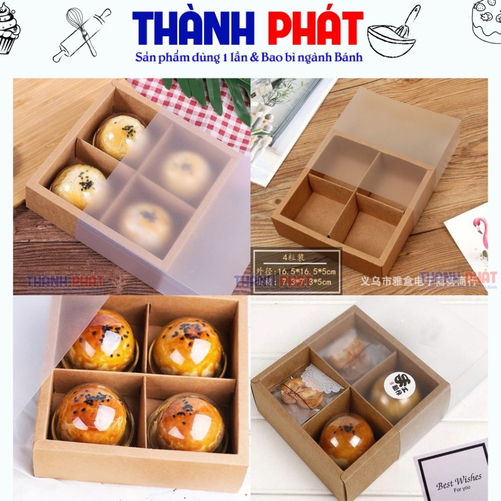 10 Hộp giấy 4 ngăn đựng bánh trung thu 75g - 100g - Hộp 4 bánh lava trứng chảy - Hộp 4 bánh trung th