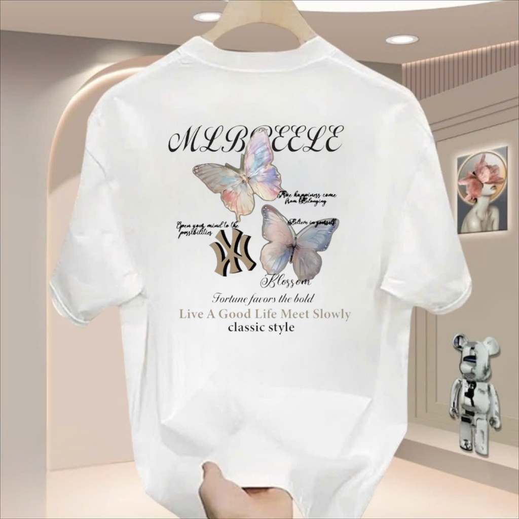 áo thun unisex, phông cổ tròn tay lỡ form rộng vải cotton cao cấp logo thêu sau gáy - butterfly