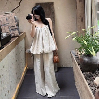 Set linen áo babydoll cúp nơ lưng dáng bí kèm quần ống rộng lưng chun phong cách nữ tính, thoải mái ( HOẢ TỐC HCM )