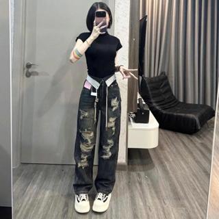  Quần bò rách  GENJEAN quần ống rộng rách te tua bẻ cạp phong cách màu đen ánh rêu size S M L 8825 