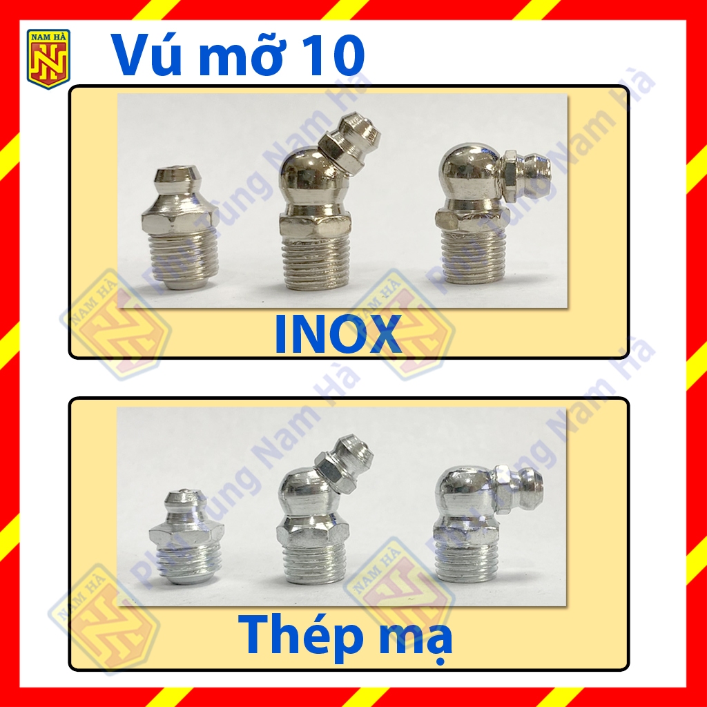 10 Cái - Vú bơm mỡ bò INOX ren M10 các loại, Vú bơm mỡ bò M10 cong 90,  Vú bơm mỡ bò M10 cong 45, Vú