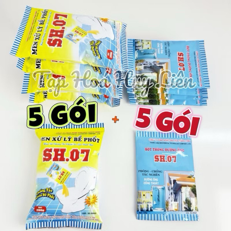 Combo 10 gói  ( 5 Gói Bột Thông Tắc sh07 + 5 Gói Men Xử Lý Bể Phốt sh07 ) Tặng 1 Gói
