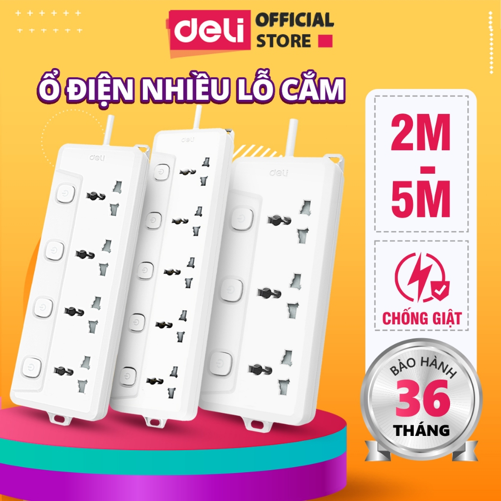 Ổ Cắm Điện DELI Nhiều Lỗ Cắm (4-8 Lỗ) Chiều Dài Dây 2m/3m/5m Nút Bảo Vệ Quá Áp Công Suất 2500W