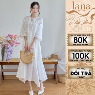 Đầm Trúc Tuyền thiết kế LA.NA DESIGN, đầm xuông trắng phù hợp đi biển, dạo phố chất liệu thô boi thêu hoa nổi - V174