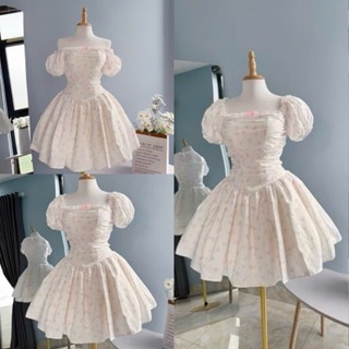 Váy Hoa Nhí Hồng Trễ Vai Dáng Xoè Màu Trắng, Đầm xoè tiểu thư tay bồng cổ vuông đi chơi dự tiệc hàn quốc