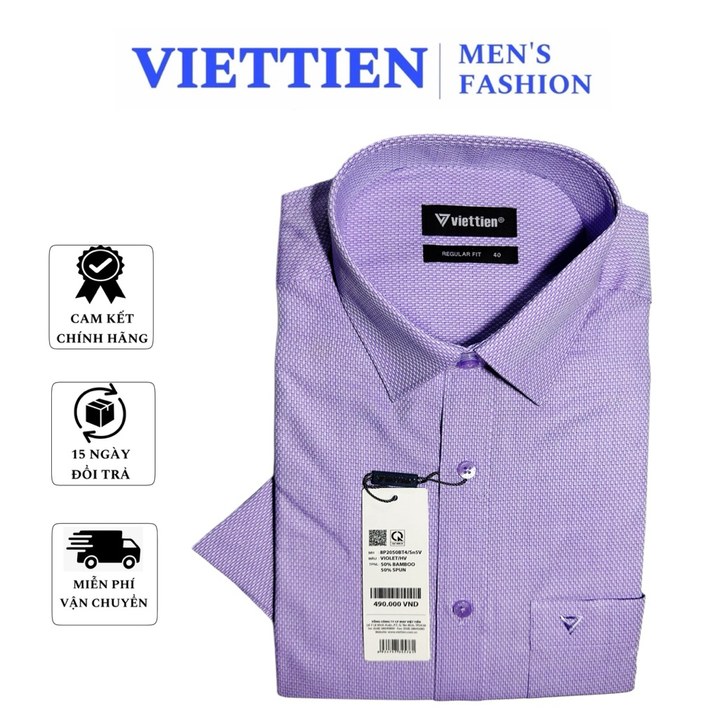 VIETTIEN SALE - Áo sơ mi VIETTIEN màu tím tay ngắn xẻ tà lai ngang vải sợi tre