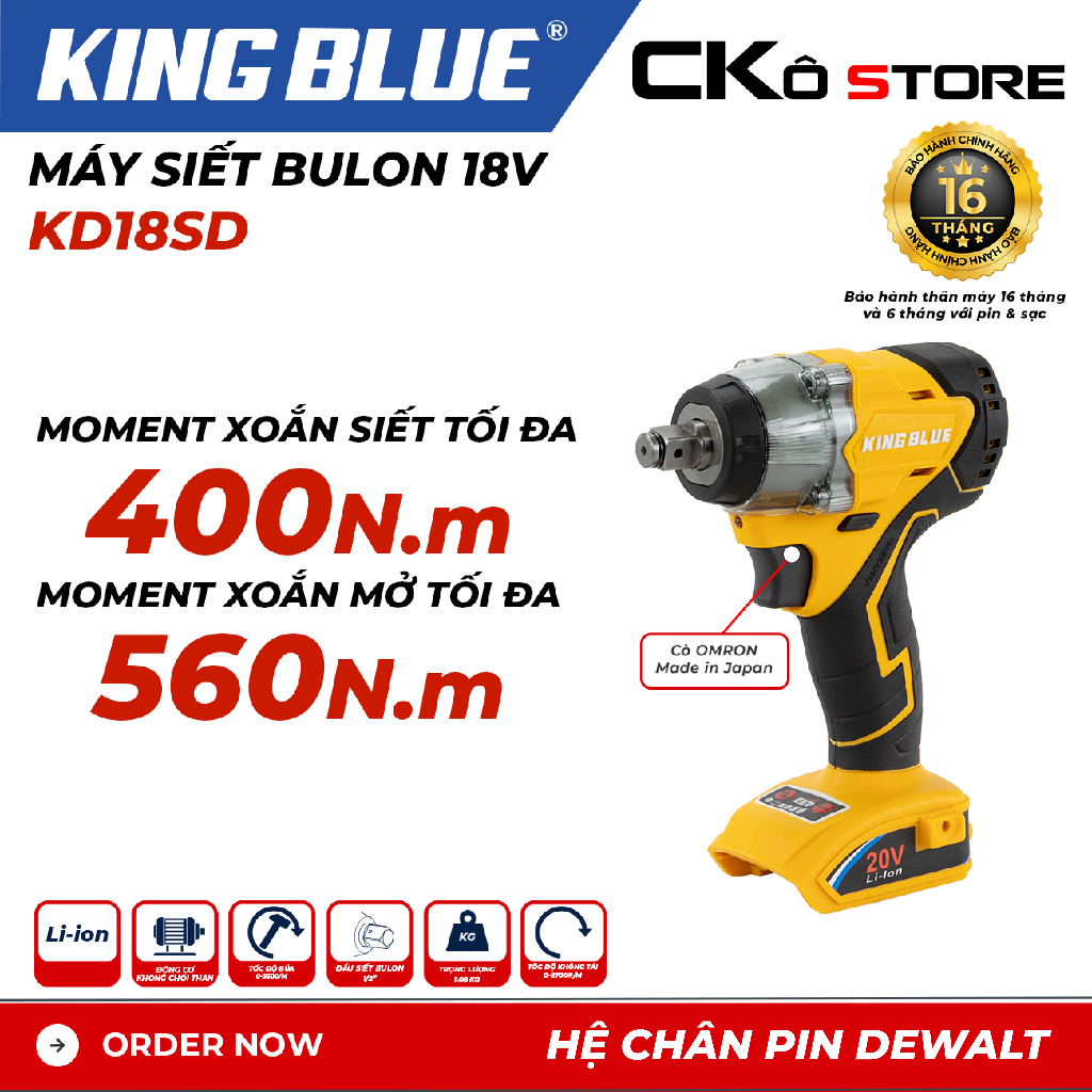 Máy Siết Bu Lông 18V King Blue KD18SD, Động Cơ Không Chổi Than, Pin Li-ion 1/2 Inch