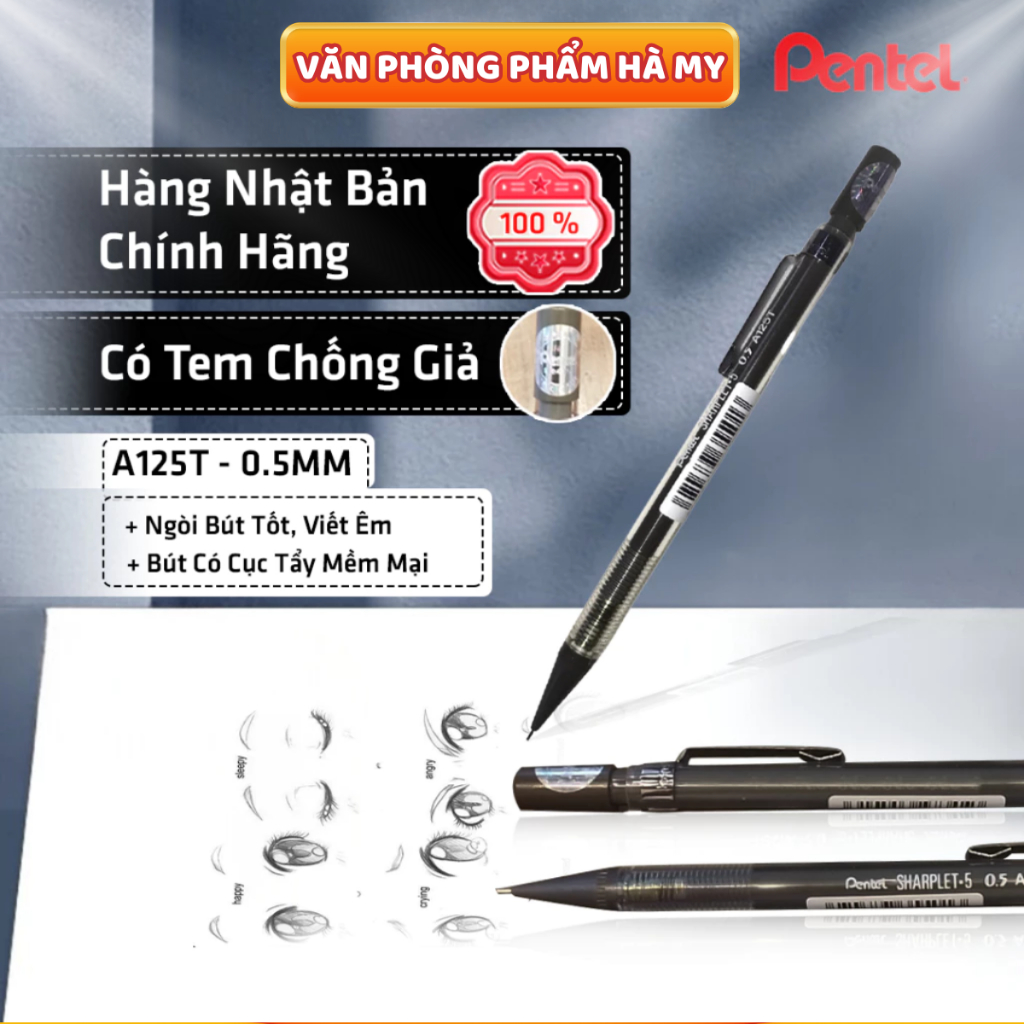 Bút Chì Kim 0.5mm A125T Pentel Chính Hãng, Viết Chì Bấm Trang Bị Đầu Tẩy Tiện Lợi