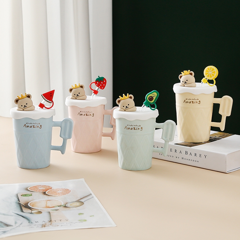 Ly sứ , cốc sứ , ly nước , ly sứ kèm ống hút decor 8070 họa tiết trái cây , Ly quà tặng decor