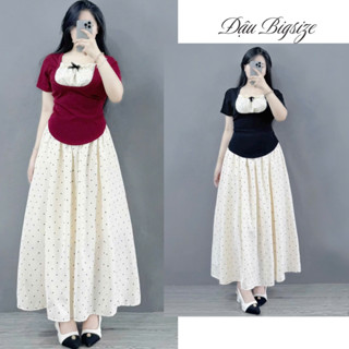 Set tiểu thư bigsize nữ áo thun tay ngắn phối ren kèm chân váy họa tiết chấm bi chất lụa mềm lưng thun - G264+CV422