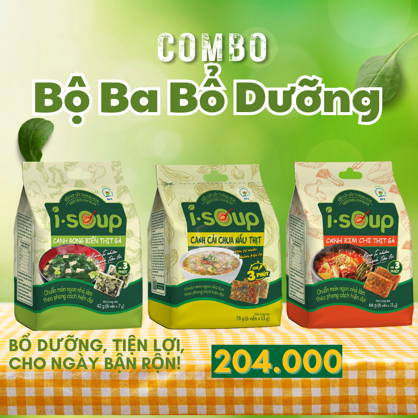 Bộ 3 Canh ăn liền I.SOUP bổ dưỡng: Canh Rong Biển, Canh Cải Chua, Canh Kim Chi Thịt Gà