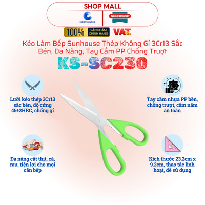 [HỎA TỐC] Kéo làm bếp Sunhouse KS-SC230 - Thép không gỉ 3Cr13 - Sắc bén, đa năng, tay cầm PP chống trượt