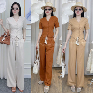 E595 LEOSWEARING set bộ nữ áo linen bột gile tay ngắn mix quần suông dài ống rộng