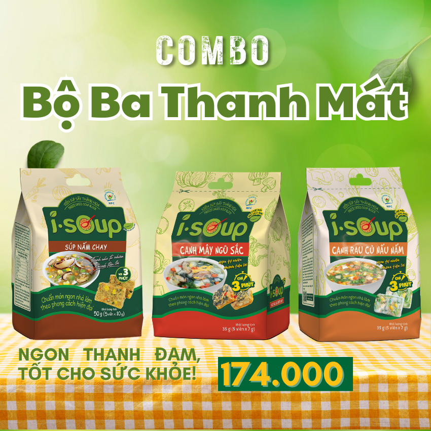 Bộ 3 thanh mát: Súp Nấm Chay, Mây Ngũ Sắc, Rau Củ Nấu Nấm