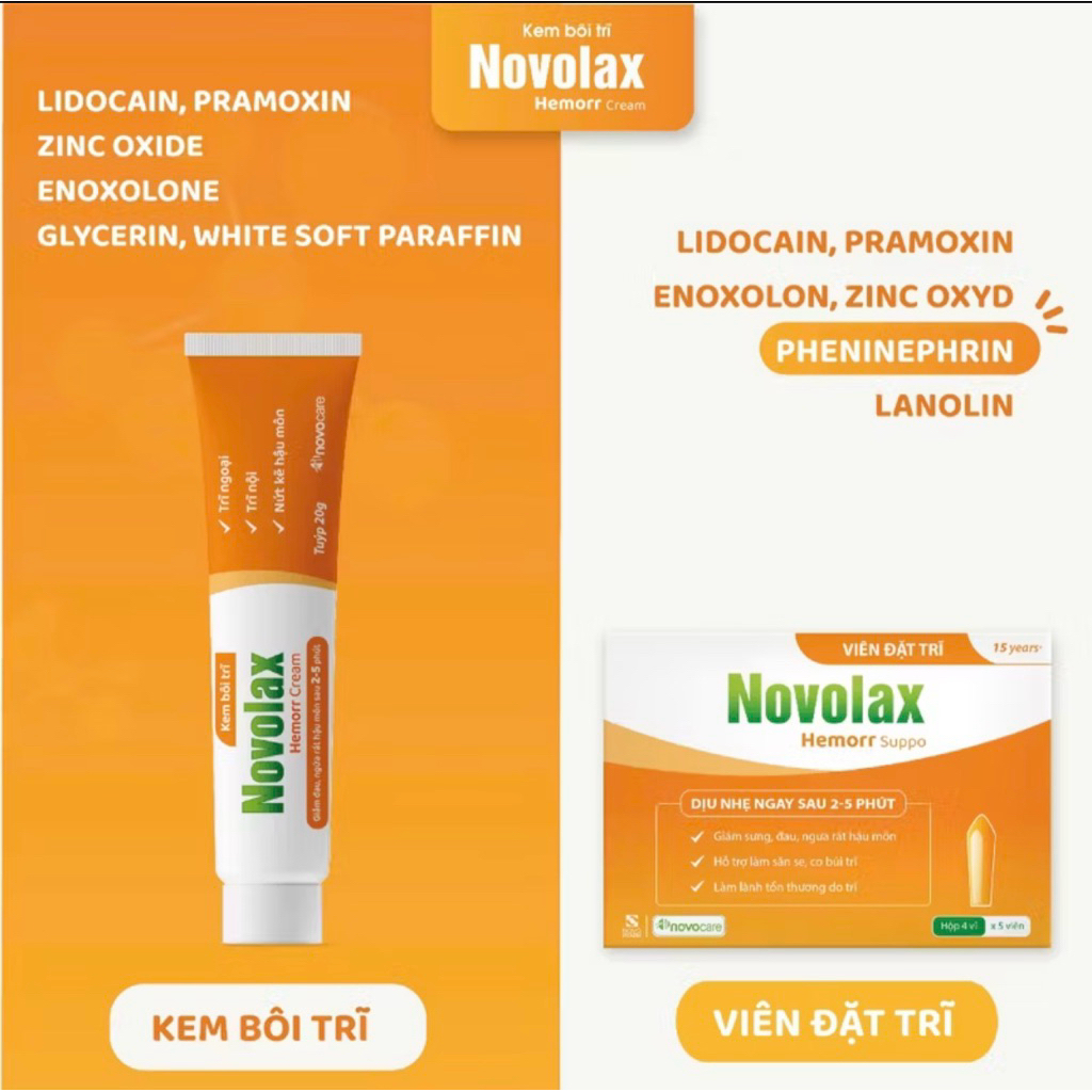 Kem bôi Novocare Novolax Hemorr Suppo, Giảm Đau, Ngứa Rát, Hỗ Trợ Co Búi Trĩ Hộp 20 Viên
