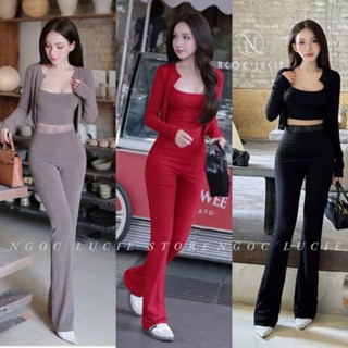S338 - Set Đồ Nữ Thiết Kế Quần Cạp Cao Phối Ren Ống Loe + Áo Croptop 2 Dây + Áo Khoác Lửng - Ngọc Lucie