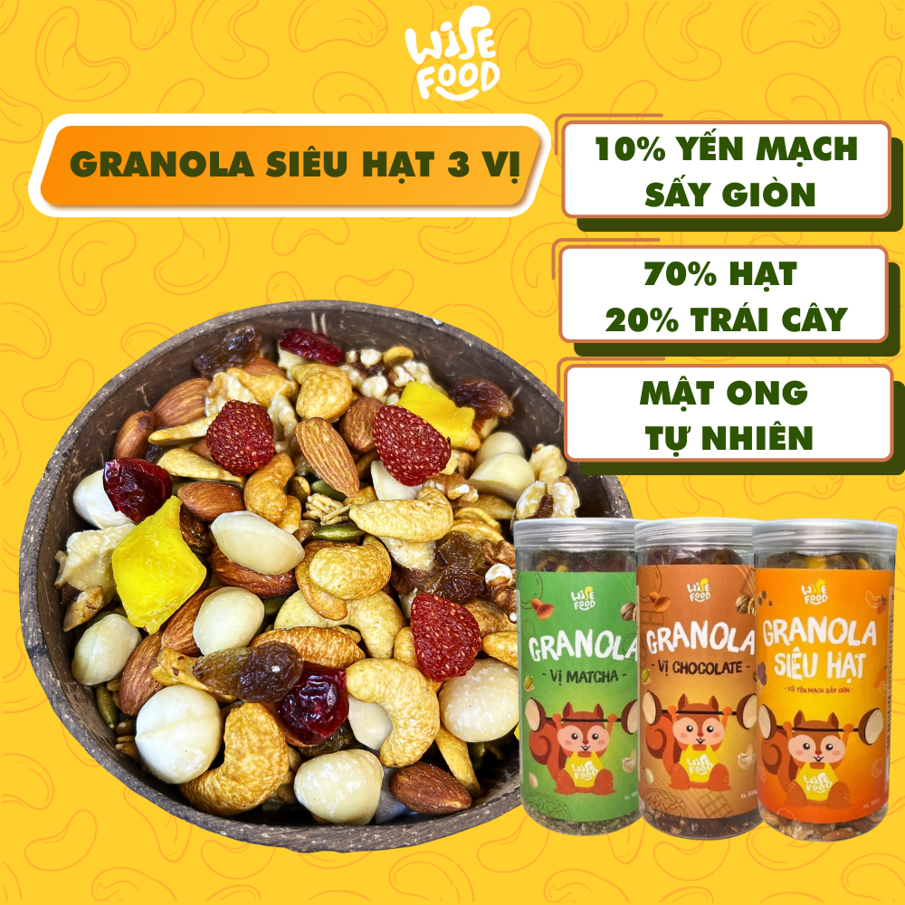Granola Siêu Hạt Wise Food 500g 10% YẾN MẠCH SẤY GIÒN, Bổ Sung Dinh Dưỡng, Cải Thiện Vóc Dáng