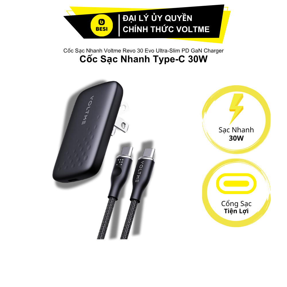 Cốc Sạc Nhanh Voltme Revo 30 Evo Ultra-Slim 30W PD GaN Charger (Kèm cáp C to C 60W, 1m)