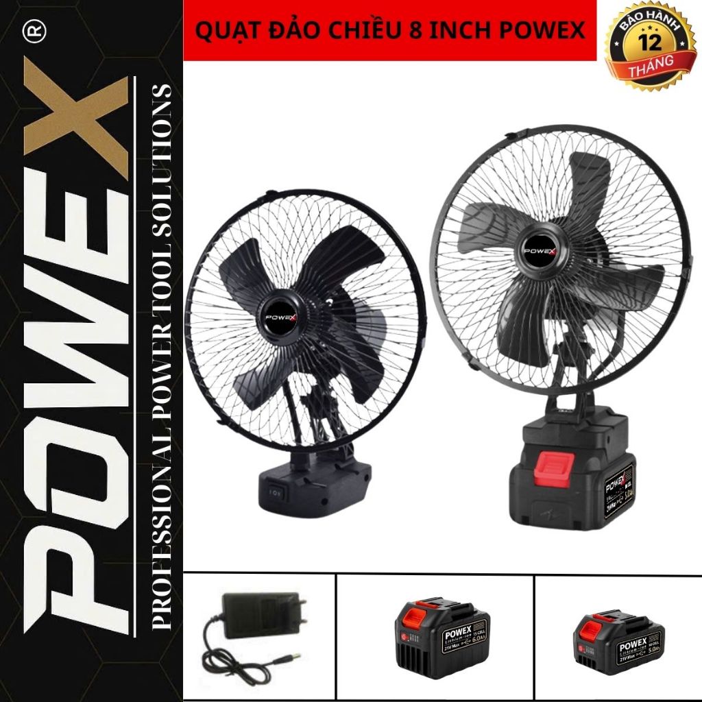 Quạt Tích Điện Đế Pin POWEX 21v, quạt 8 inch, 2 cấp gió, chế độ đảo chiều, chung pin Makita phổ thôn
