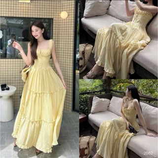  Váy Maxi 2 Dây Dáng Dài Màu Vàng Đầm Đi Biển 2 Dây Bèo Nhún Bo Chun Đi Biển_ChangCherry Store 