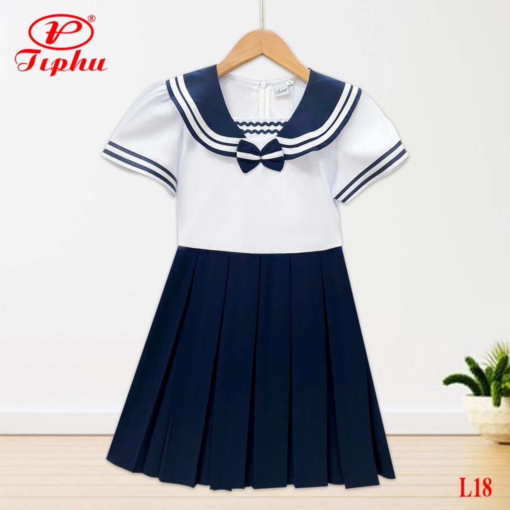 Đầm liền bé gái xinh xắn, đồng phục học sinh cấp 1, nhiều kiểu rất dễ thương, có dây cột nơ sau eo