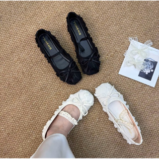 [CHÂN GẦY LÙI SIZE] giày nữ đế bệt ren hoa thêu nơ 2 màu tiểu thư dễ mang