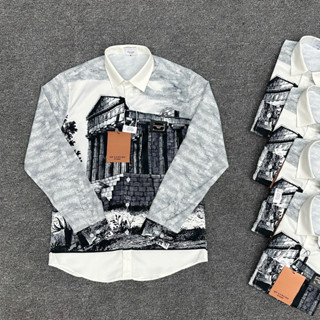 Áo sơ mi trắng nam dài tay PB lụa nến in hoạ tiết kiến trúc cổ đại thêu logo Đôn Chề ngực boy phố