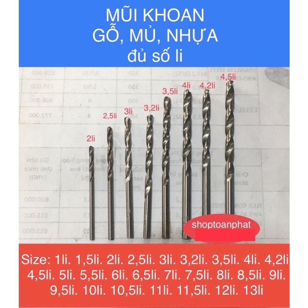 Mũi Khoan, sắt, gỗ, nhựa, mủ, đủ size 1li, 1,5li, 2li, .....14li