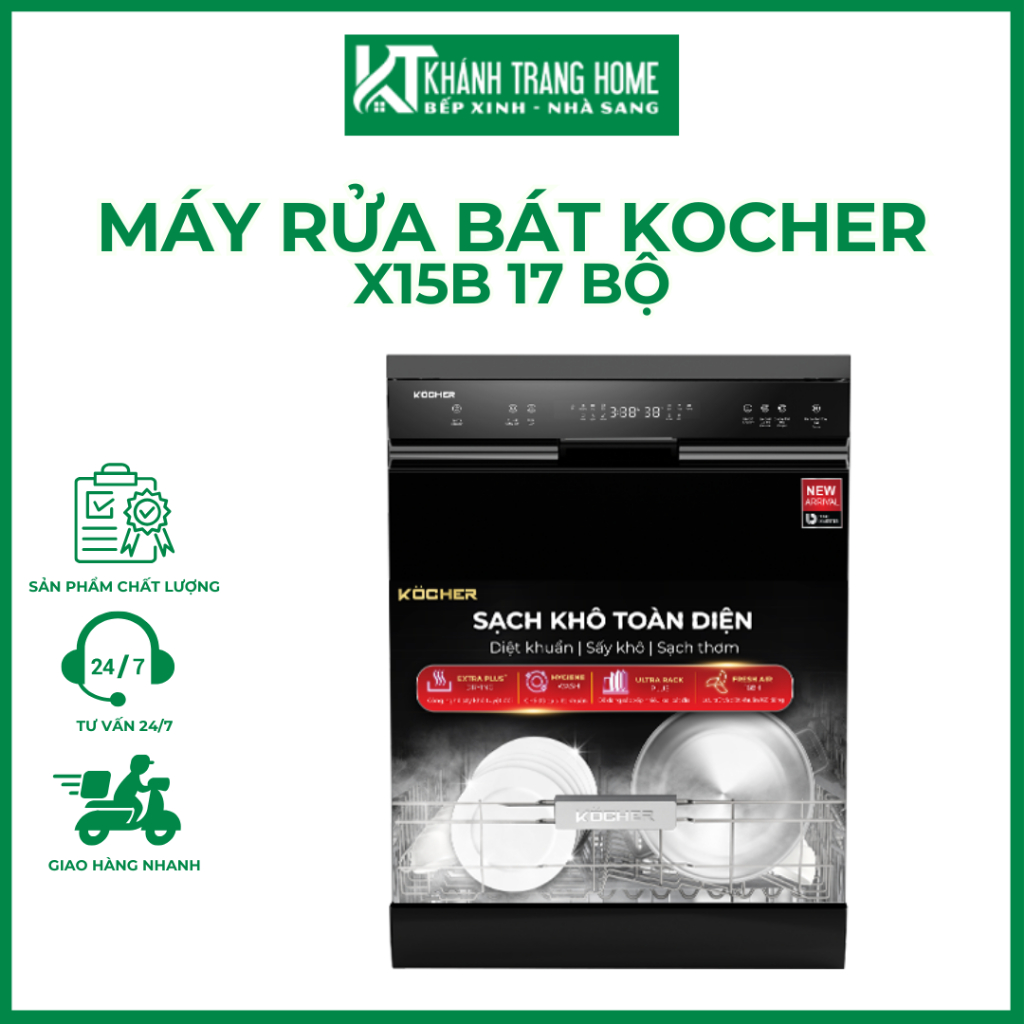 Máy rửa bát KOCHER X15B 17 bộ độc lập, sấy khí tươi Fresh Air 168H, chính hãng bảo hành dài hạn