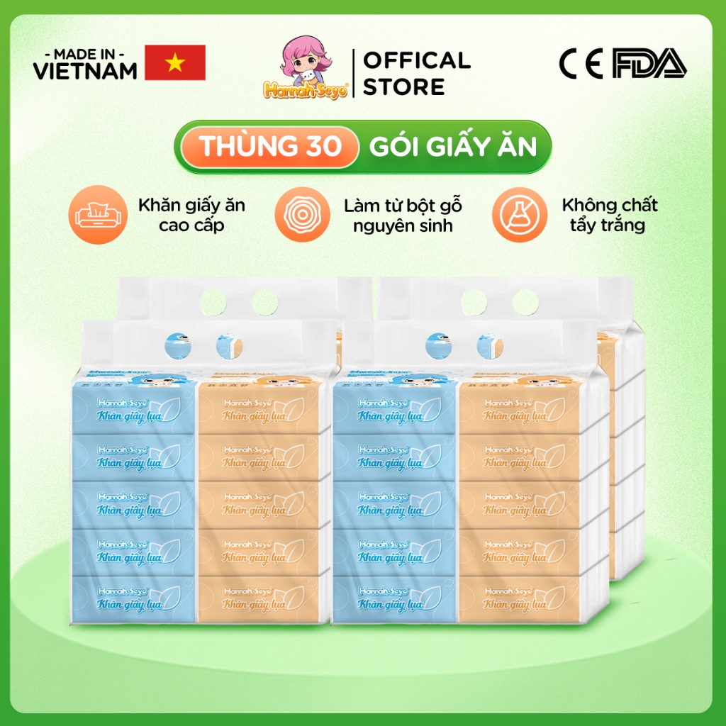 Thùng 30 gói Khăn giấy ăn rút XANH VIỆT Hannah-Seyo thấm hút vệ sinh tốt lau miệng lau tay gói nhỏ bỏ túi