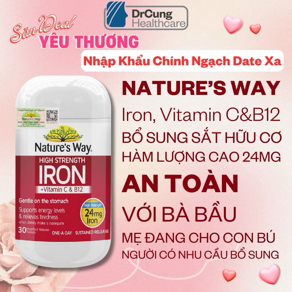 (Nhùn nhùn) Nature’s Way High Strength Iron – Bổ Sung Sắt, Vitamin C, Vitamin B12 (30 Viên)