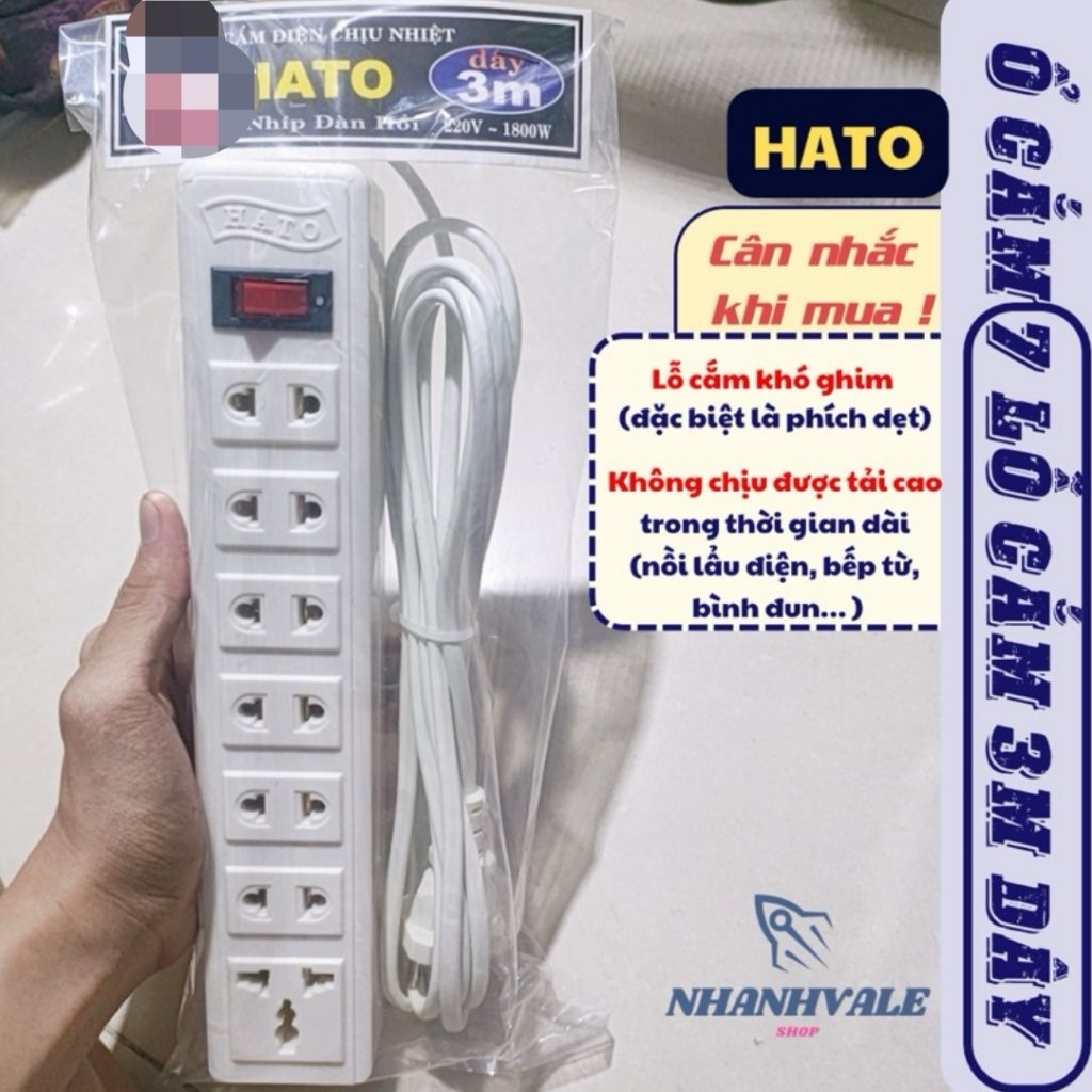 Ổ Cắm Điện 7 Lỗ Cắm Hato Công Suất 600W Dây 3M - 5M