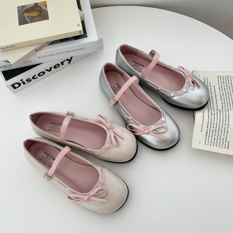 Giày búp bê Maryjane màu bạc tiểu thư mũi tròn nơ lệch gót chunky Eudora899 A8268