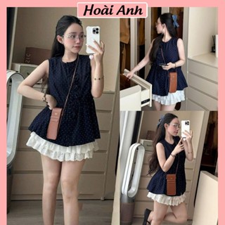 Set Bộ Đồ Nữ Đũi Mềm Áo Sát Nách Xanh Than Chấm Bi Viền Bèo Cúc Bọc Mix Chân Váy Ren Trắng Xòe Tầng