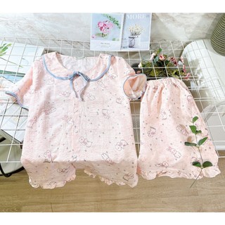Bộ ngủ ngắn cộc tay áo cổ sen viền bèo dễ thương Cotton, Xô muslin, Lụa, Đũi, Tôn, Lanh, Kate thô DBTK